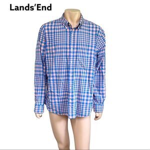 Lands’End traditional fit cotton blue pink plaid long sleeves buttoned shirt XL